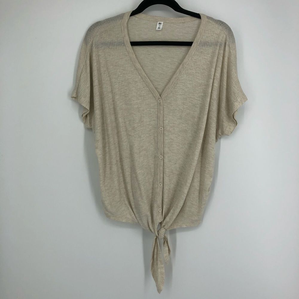 BP Ribbed Tie Front V Neck Top Cream
